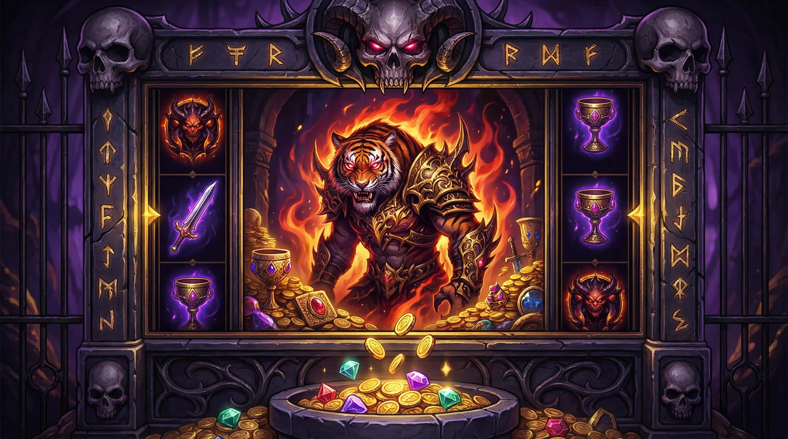 Fortune Tiger com tigre demoníaco em armadura dourada cercado por chamas