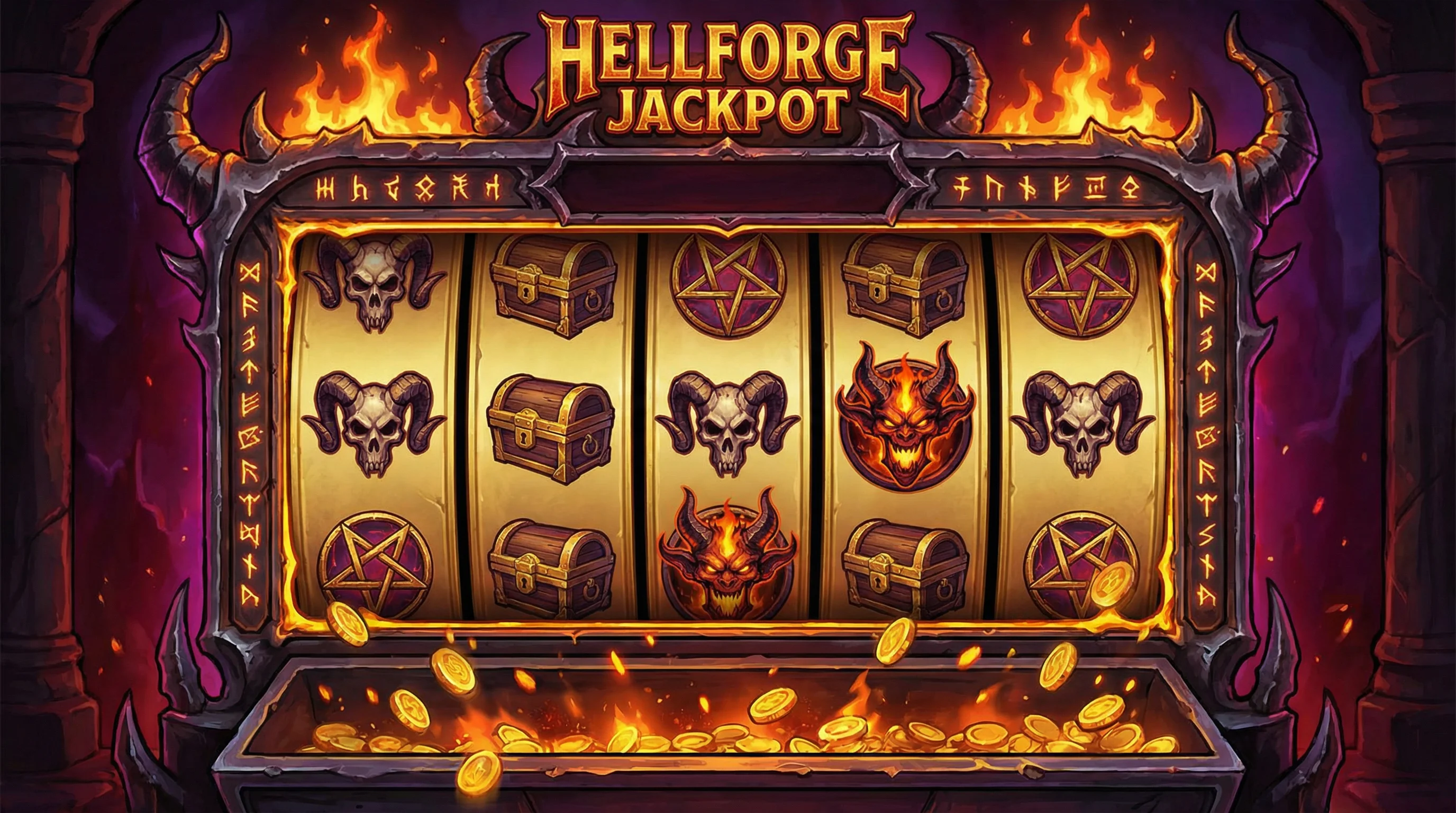 Caça-níqueis Hellforge Jackpot com tema de fantasia sombria e símbolos demoníacos